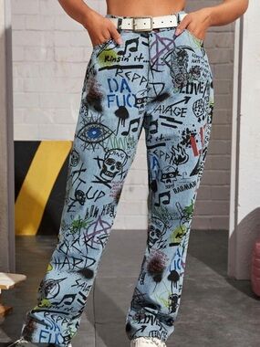SHEIN White Multi Graffiti Print jean Pants